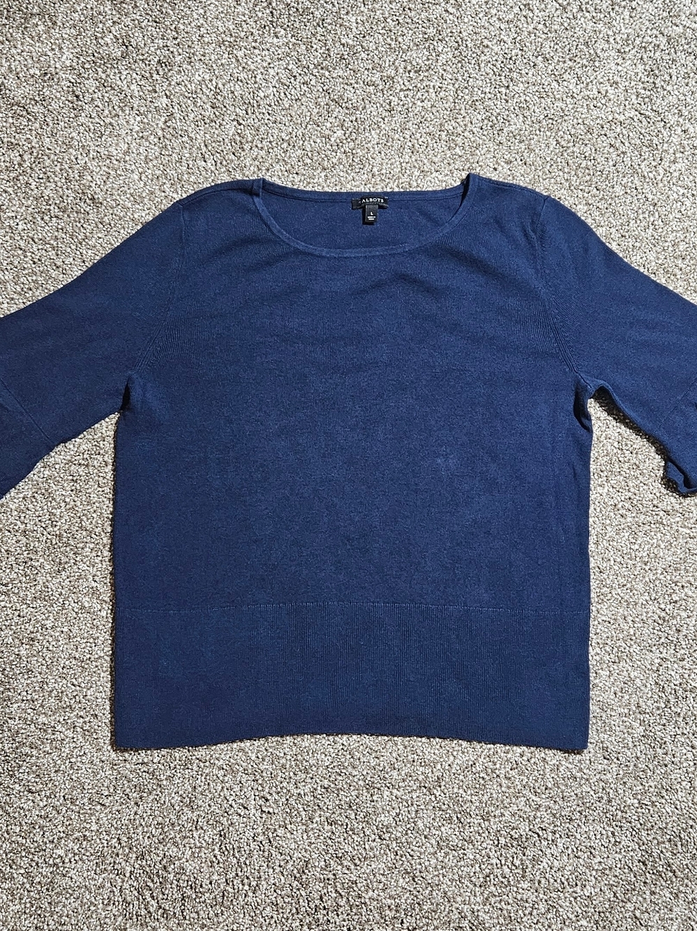 Talbots Sweater Womens Large Navy Blue Pullover Ruffle Bell Sleeve Stretch